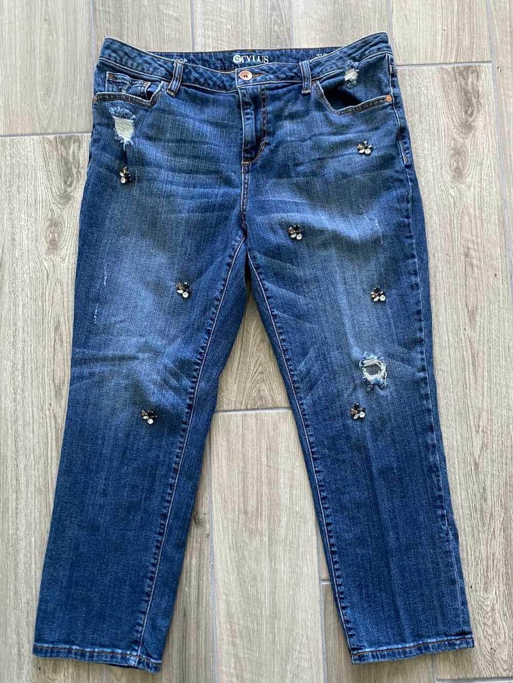 STYLUS Dark Blue Cropped Jeans with Bead Embellishments